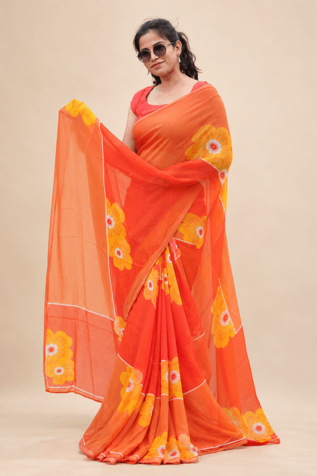 The Marigold Muse – Orange Floral Saree