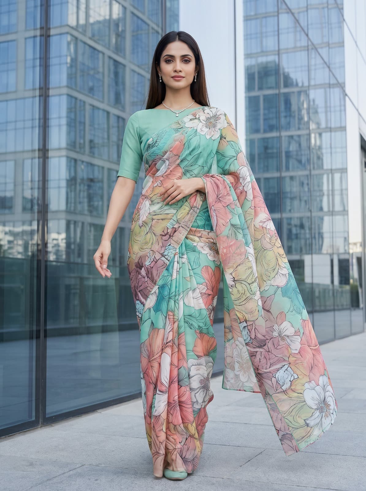 Mint Blossom Organza Saree