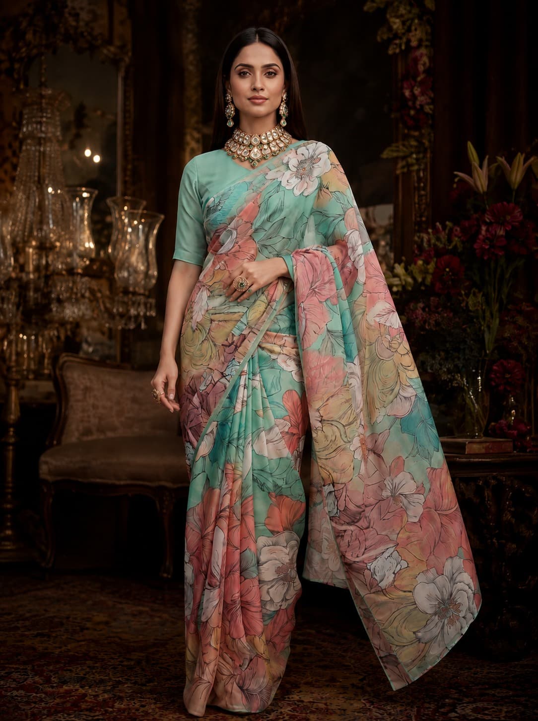 Mint Blossom Organza Saree