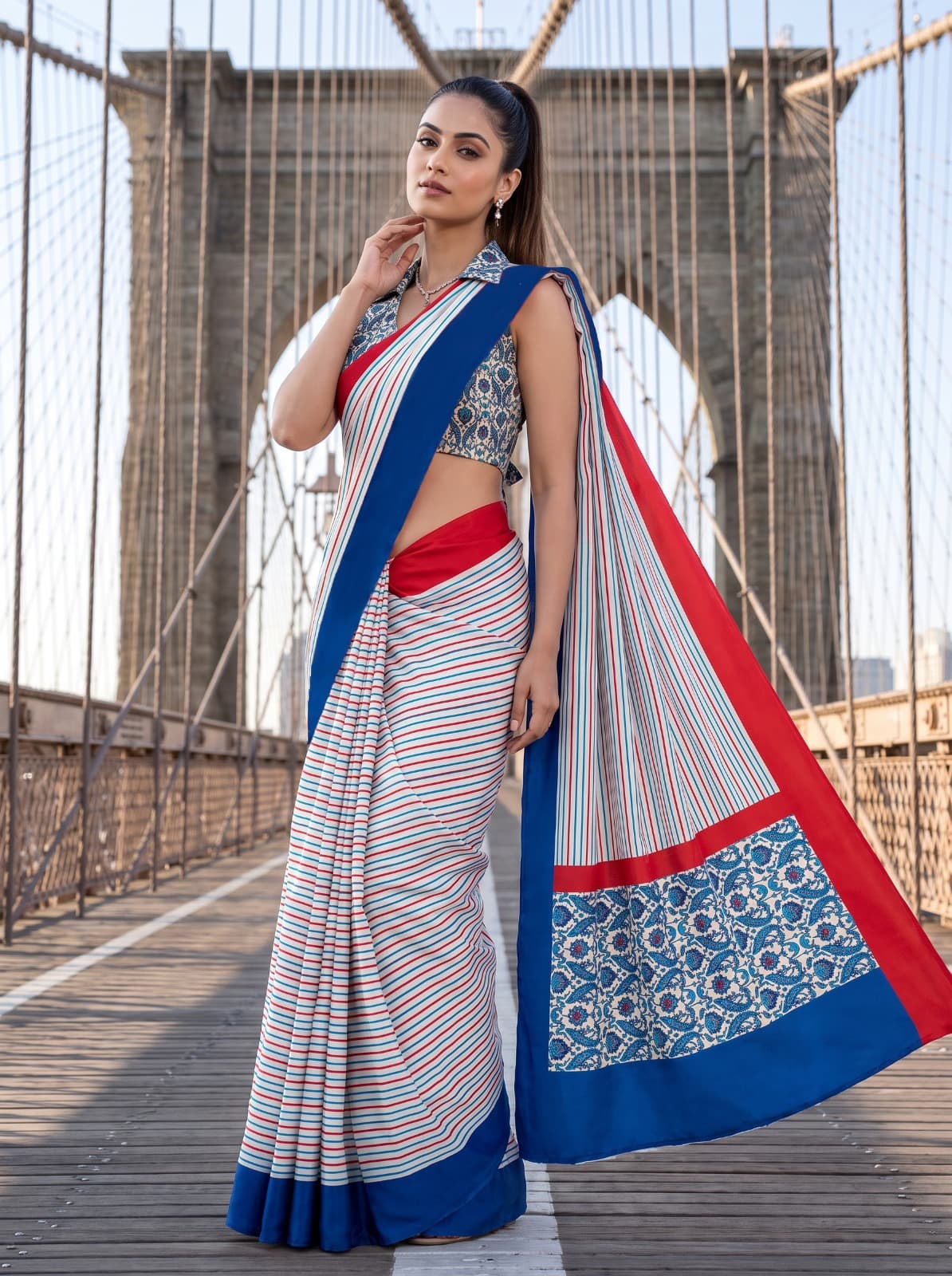 Azure Stripe Crepe Saree