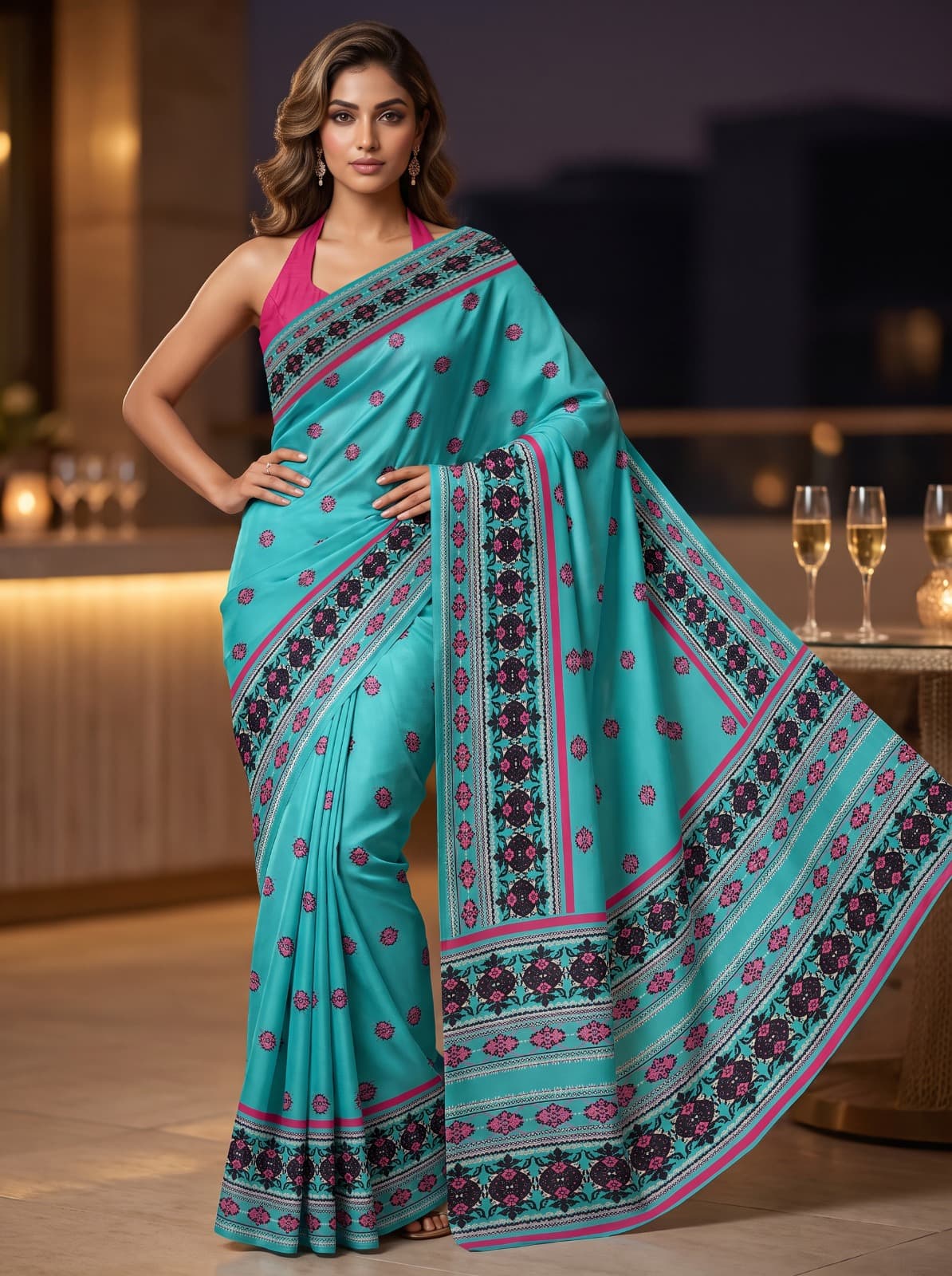 Turquoise Bloom Printed Saree
