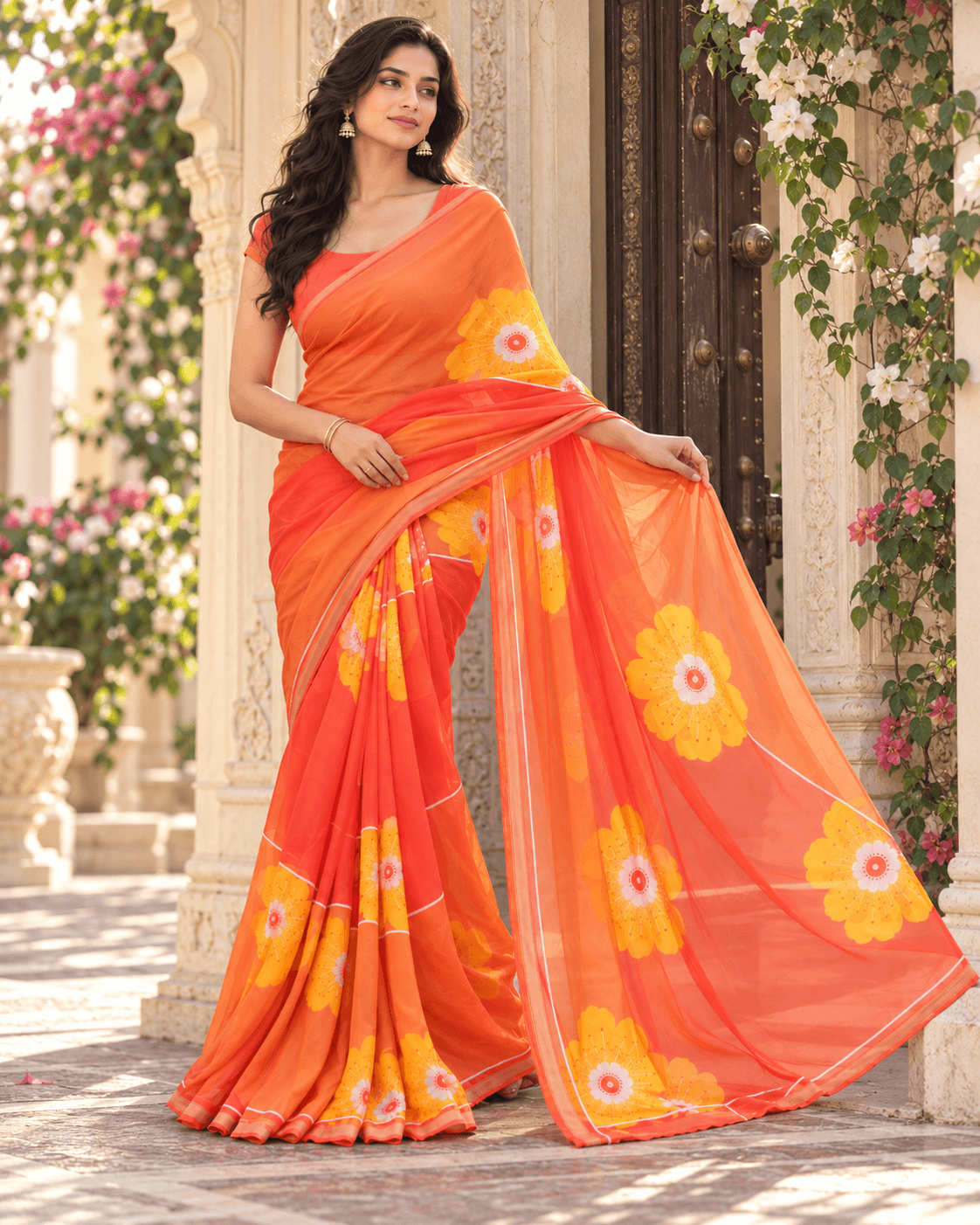 The Marigold Muse – Orange Floral Saree