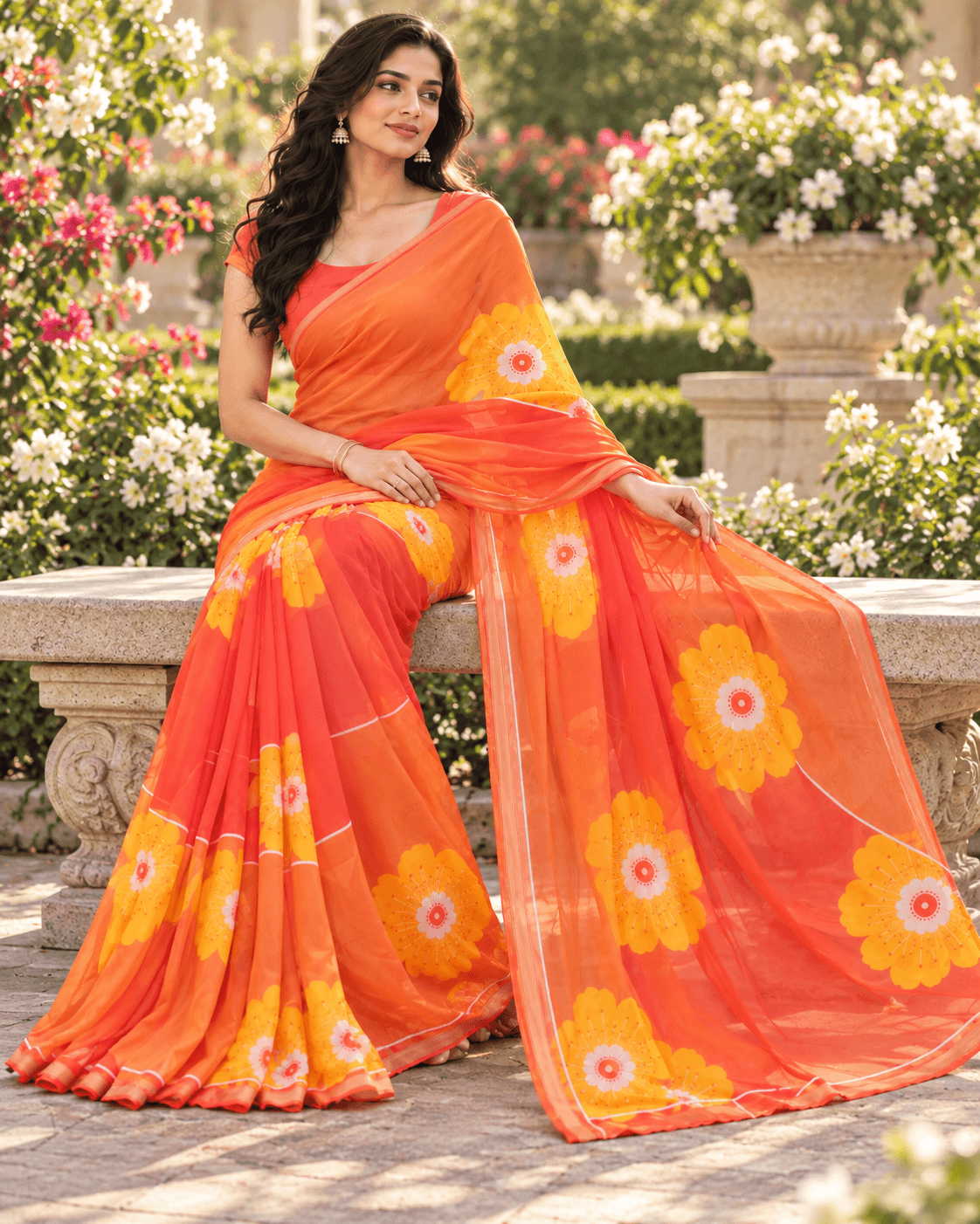 The Marigold Muse – Orange Floral Saree