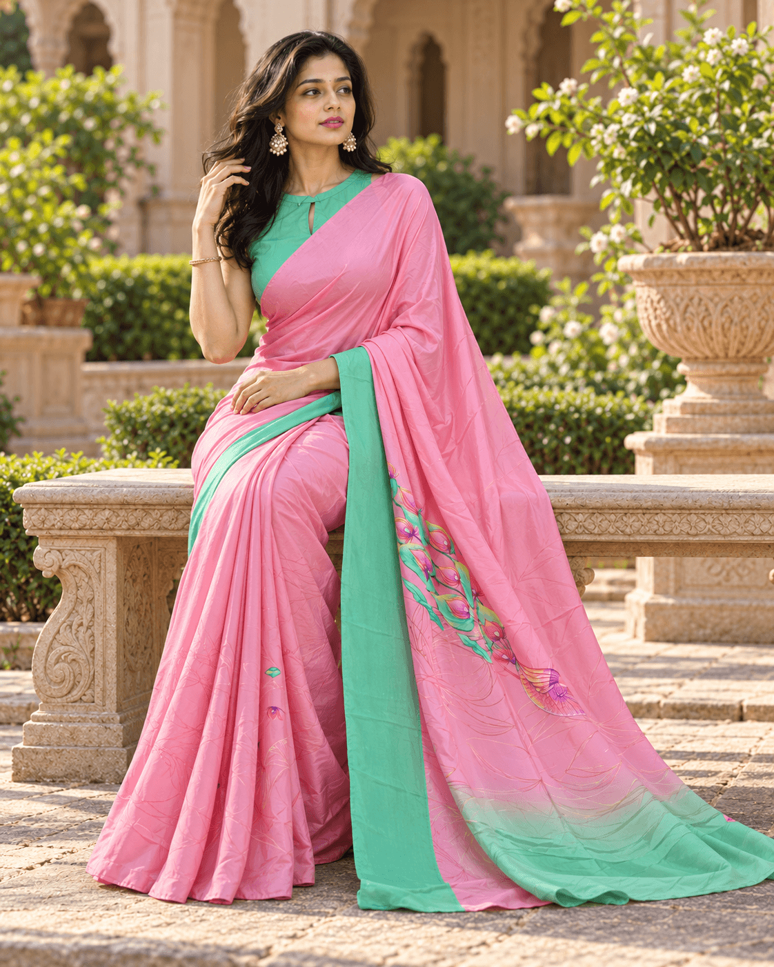 The Blush Botanica – Pink & Mint Green Printed Saree