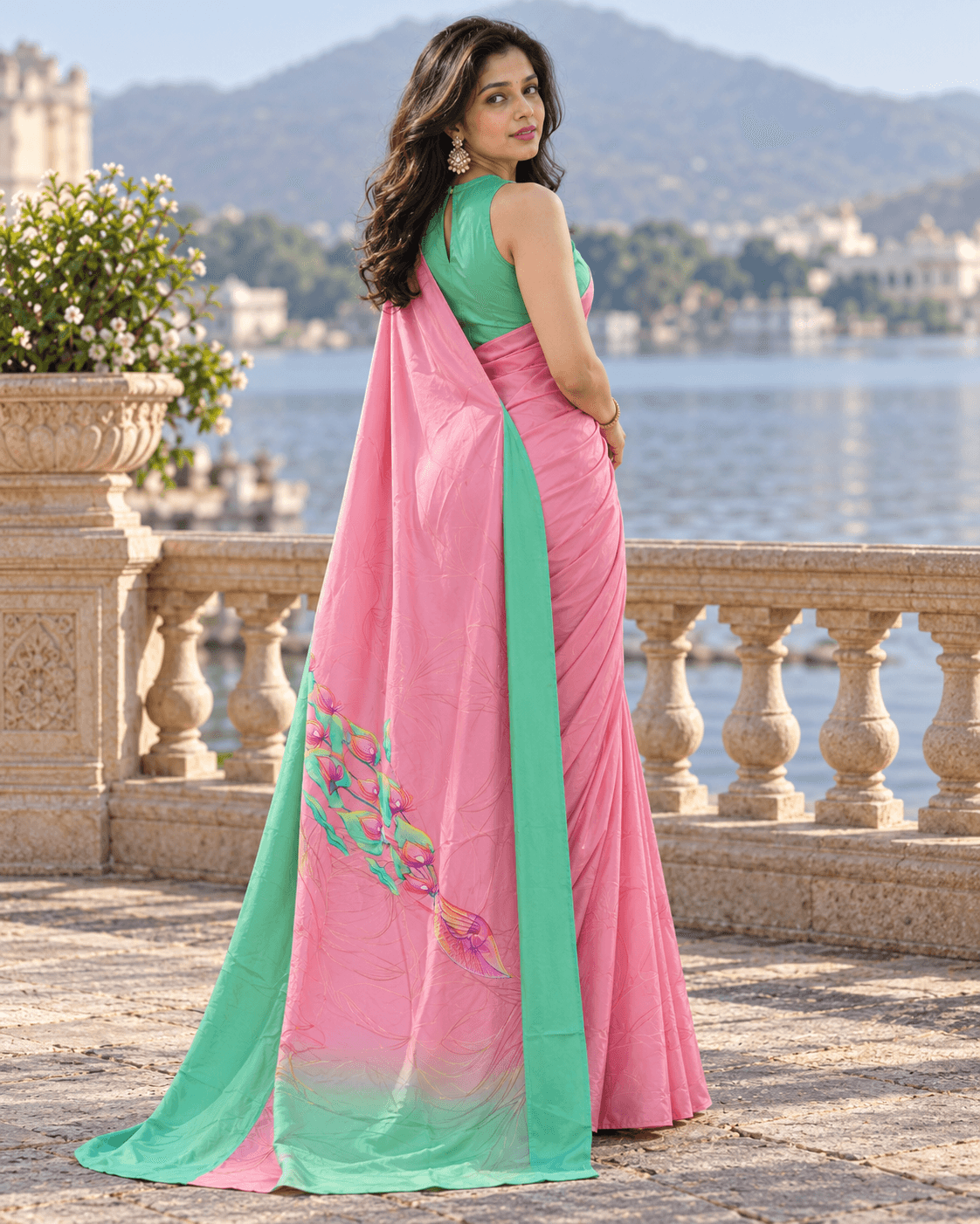 The Blush Botanica – Pink & Mint Green Printed Saree