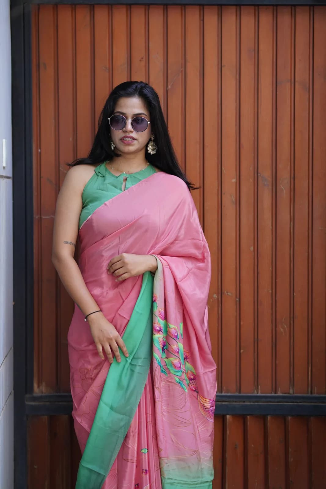 The Blush Botanica – Pink & Mint Green Printed Saree