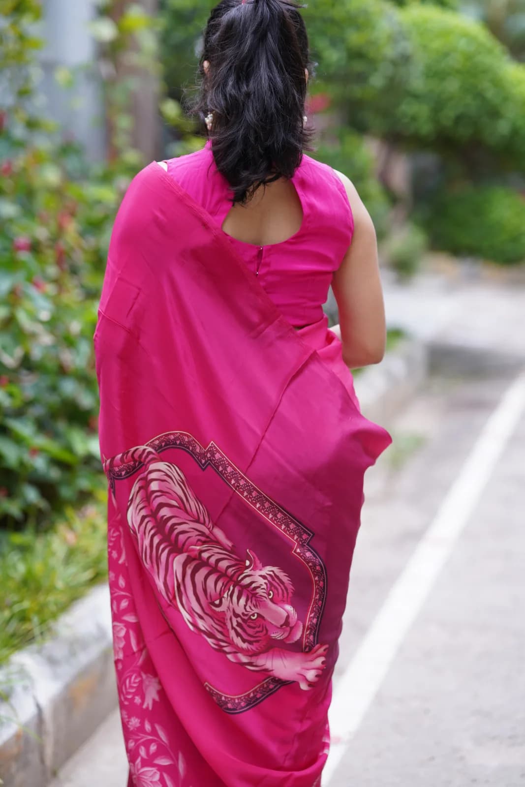 The Fuchsia Tigress – Pink Tiger Print Saree